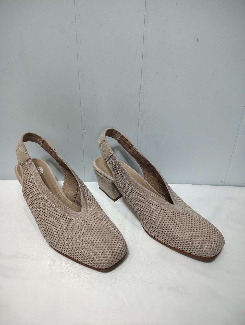 Eileen Fisher Vasa Taupe Recycled Stretch Knit Slingback Block Heels 7.5